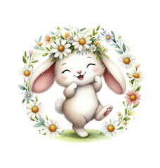 Cute white bunny and chamomile flower wreath. Watercolor illustration of cute forest animals