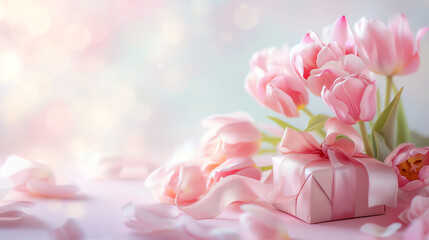 Bouquet of tulips and gift box on bokeh background
