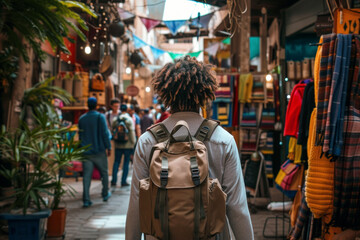 A person walks along a narrow street with a market in a shopping district. A man with a backpack walks between shops and stalls