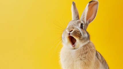 Happy funny excited rabbit hare with long ears and wide open mouth on bright background, banner with copy space - obrazy, fototapety, plakaty