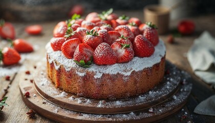 Gastronomic delights. Detailed textures, beautiful strawberries, gourmet strawberry cake