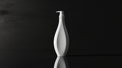 An 8k image of a pearl white shampoo bottle with a soft-touch texture, standing on a glossy black surface that reflects its silhouette
