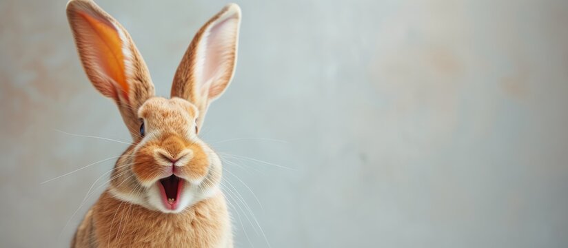 Happy funny excited rabbit hare with long ears and wide open mouth on bright background, banner with copy space