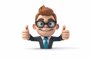 3d funny character cartoon sympathetic looking business man dear person in suit with glasses and tie blue colour shirt thumbs up isolated on white background 