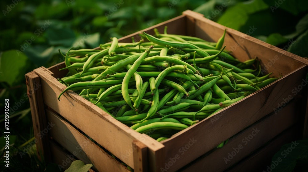 Poster a box overflowing with freshly harvested green beans, close-up realistic photo generative ai