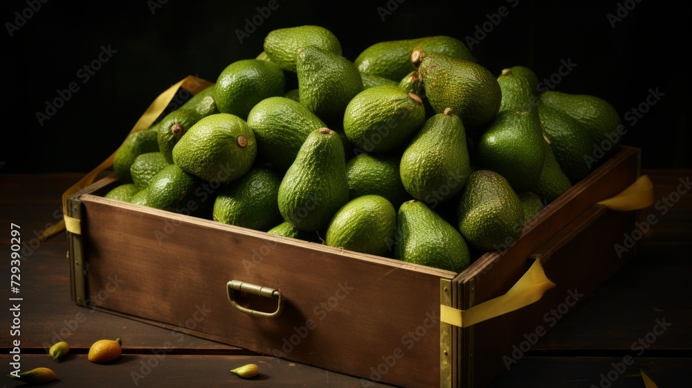 Poster a box packed with ripe avocados, close-up realistic photo generative ai