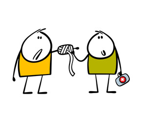 Cartoon doctor provides medical care to the patient, bandages the arm. Vector illustration of man suffering in a hospital, nurse holding first aid kit. Isolated two characters on white background.