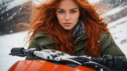 Fototapeta na wymiar woman riding a snowmobile in a cold winter landscape