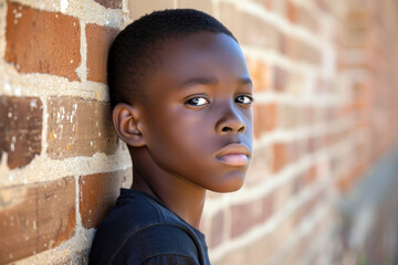 A small child with a pensive expression on his face near a brick wall