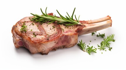 A flavorful lamb chop captured in a close-up realistic photo against a white background Generative AI