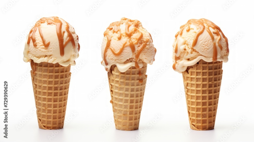 Poster a trio of salted caramel ice cream scoops captured in a close-up realistic photo against a white bac