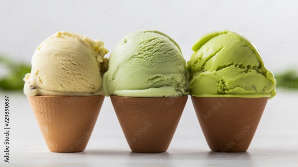 Poster a trio of pistachio ice cream scoops captured in a close-up realistic photo against a white backgrou