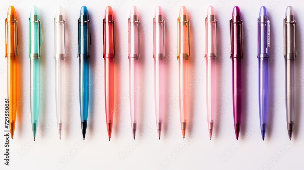 Poster assortment of ballpoint pens in a row generative ai