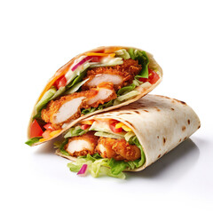 chicken crispy wrap with salad on white background isolated, Generative AI