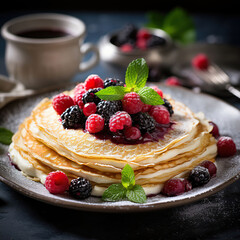 crepes with forest fruit and berries on a plate, Generative AI
