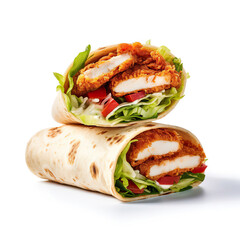crispy chicken wrap with salad on white background, Generative AI