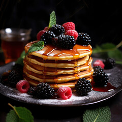 delicious pancakes stack with berries and fruits on a plate, Generative AI