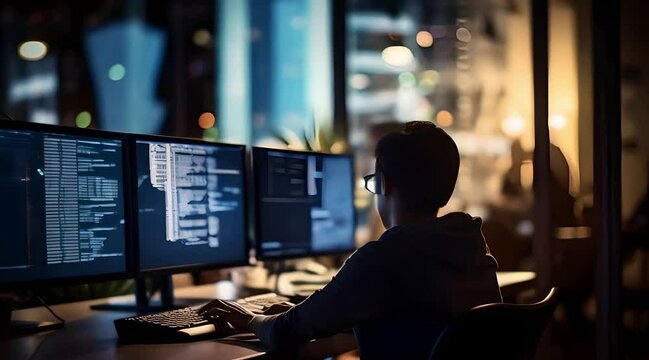 A man writing code or hacking in front of illuminated computer screens in a dark room