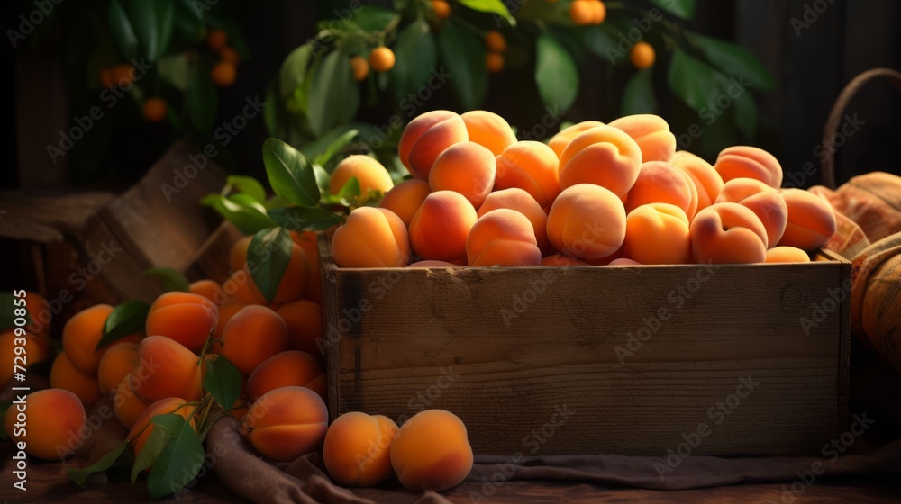 Poster Close-up realistic photo capturing a box filled with ripe apricots Generative AI