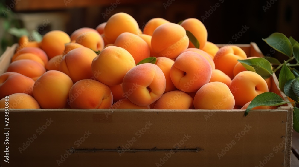 Poster Close-up realistic photo capturing a box filled with ripe apricots Generative AI