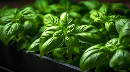 Box filled with fresh, aromatic basil leaves, close-up realistic photo Generative AI