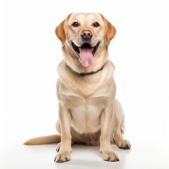 Cheerful Labrador Retriever sitting on a white background, wagging tail, joyful expression Generative AI