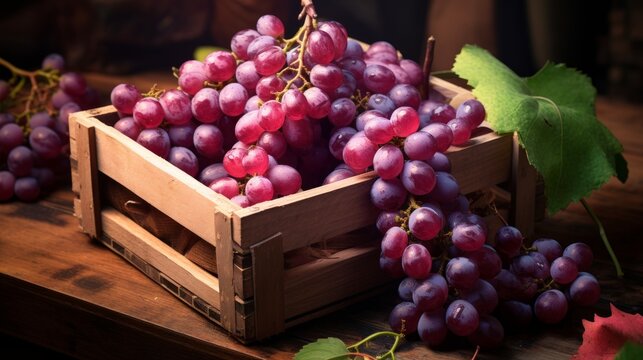 Box filled with ripe, succulent grapes, close-up realistic photo Generative AI