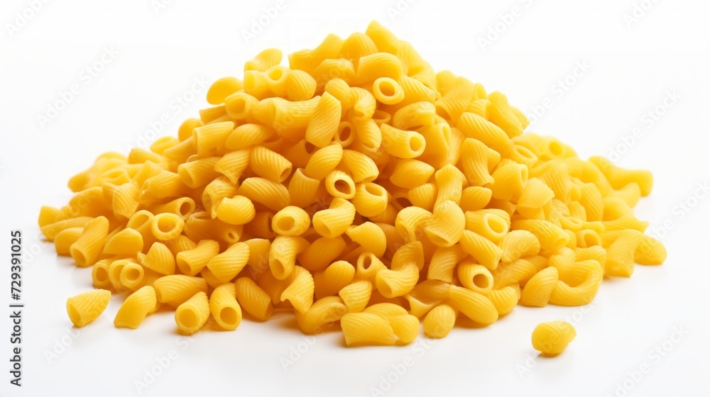 Poster close-up realistic photo featuring a pile of macaroni pasta on a white background generative ai