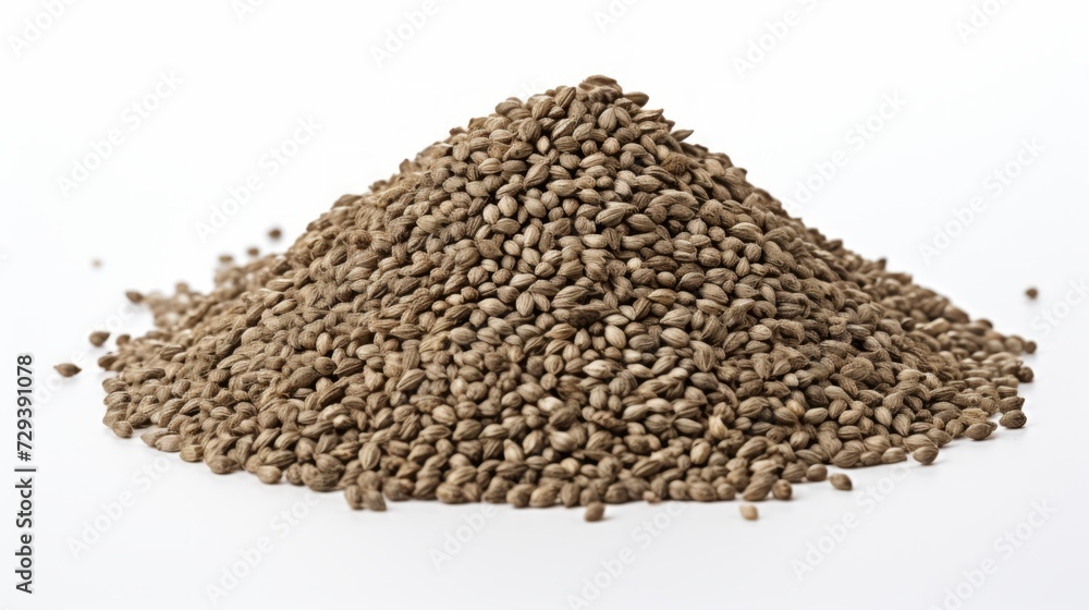 Poster Close-up realistic photo featuring a small pile of hemp seeds on a white background Generative AI
