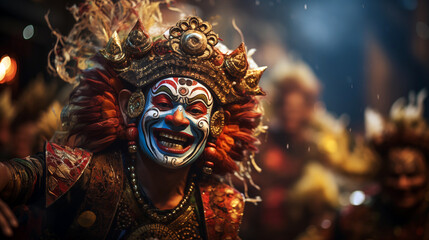 Barong dancer. A vibrant capture of a Barong dancer in traditional costume during a cultural festival in Bali, Indonesia, showcasing expressive cultural art.