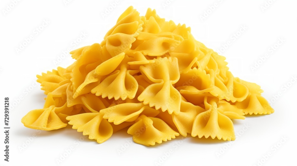 Poster close-up realistic photo of a small mound of farfalle pasta on a white background generative ai