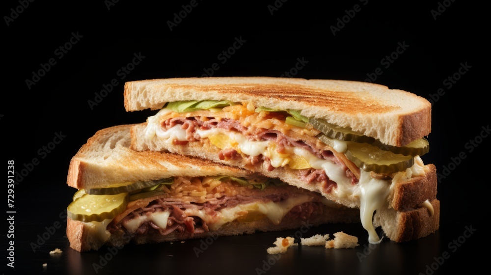 Poster close-up realistic photo of a mouthwatering cubano sandwich on a white background generative ai