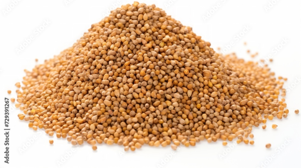 Poster close-up realistic photo of a small mound of millet seeds on a white background generative ai