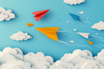 3d flying yellow red and blue paper airplanes in the sky with hand drawn clouds.  - obrazy, fototapety, plakaty