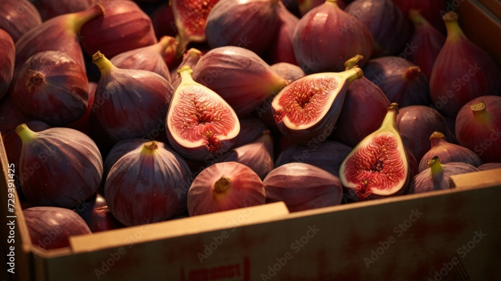Aufkleber close-up realistic photo showcasing a box filled with ripe figs generative ai