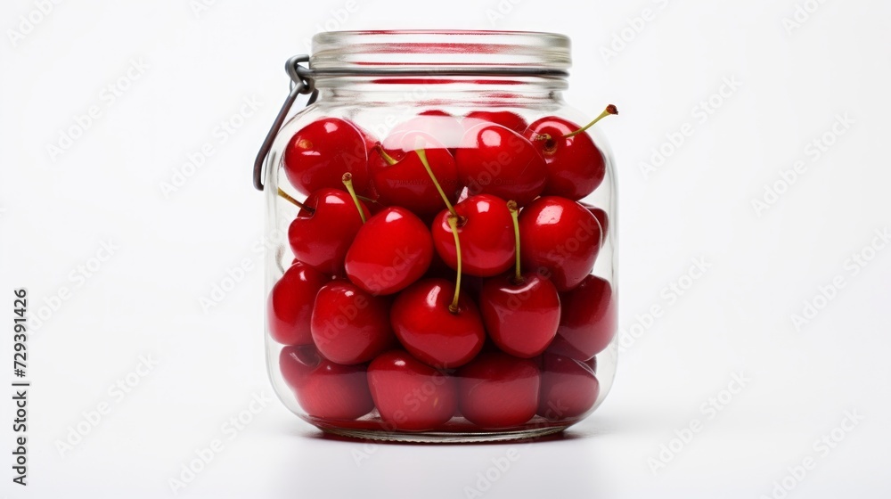 Poster close-up realistic photo showcasing a glass jar packed with sweet red cherries against a white backg