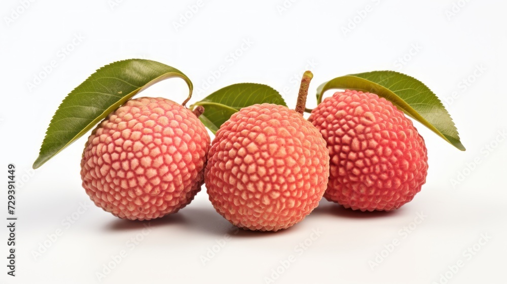 Aufkleber close-up realistic photo showcasing three fresh, succulent lychees on a white background generative 