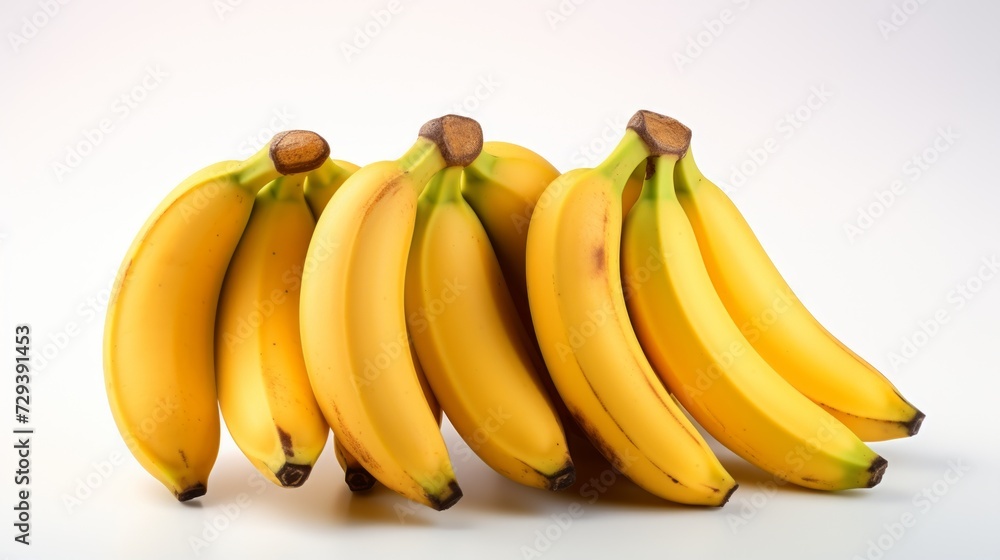 Poster Close-up realistic photo showcasing three golden-hued bananas on a white background Generative AI