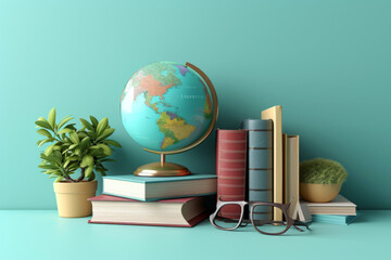 3D Rendering of Books and global icon. 