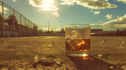 Cinematic wide angle photograph of two whisky glasses at a tennis stadium. Product photography.