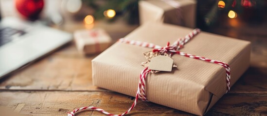 Wrapped secret Santa gift with tag on office desk