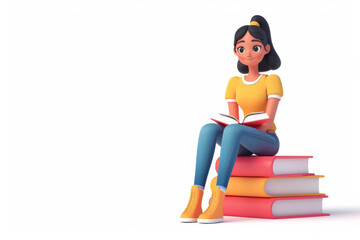 3d cartoon woman sitting on books illustration isolated on white background.