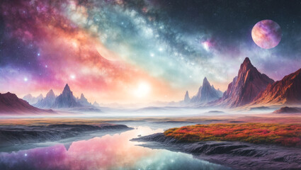 tranquil otherworldly landscape illuminated by a mesmerizing celestial phenomenon, seamlessly blending vibrant colors. This visually stunning piece will evoke a sense of wonder and serenity