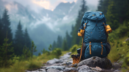 A sturdy backpack and hiking boots are positioned on a foggy mountain path, hinting at an alpine adventure.