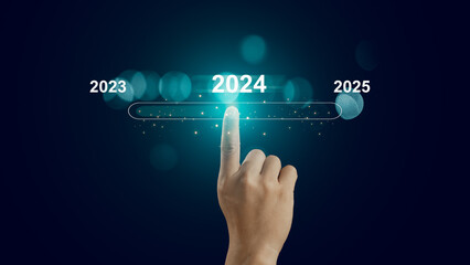 Human hand touch on virtual bar status to change from 2023 to 2024 and 2025 for preparation and...