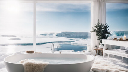 Fototapeta na wymiar white woolen blanket lies on a soft, cozy chair in a white room with a panoramic window. Winter landscape. modern, brightly lit living room. Icebergs Floating In A Glacial.