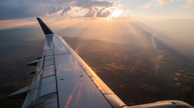 Passenger airplane window view, scenic vistas, aerial photography, wanderlust Generative AI