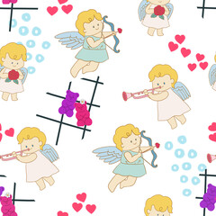 Valentine party doodle cupid seamless pattern charracter cartoon for wedding card, valentine 's day, interior design