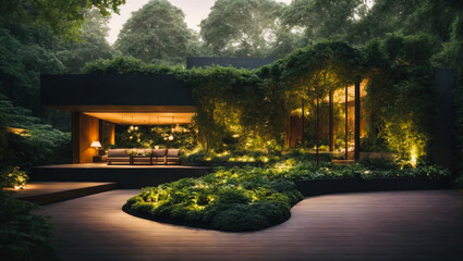 stunning biophilic home hidden deep in a mysterious, shady forest. organically merging with the...