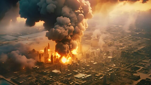 Aerial view of massive explosions and power plant fires.